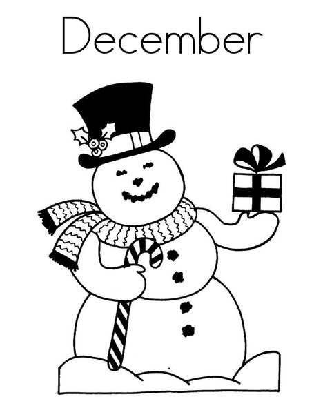 Online coloring book: Coloring page snowman with a gift welcomes December